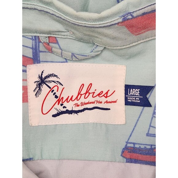Chubbies Shirt Men's L Blue Sailboat Print Short Sleeve Button Down Stretch - Picture 4 of 6